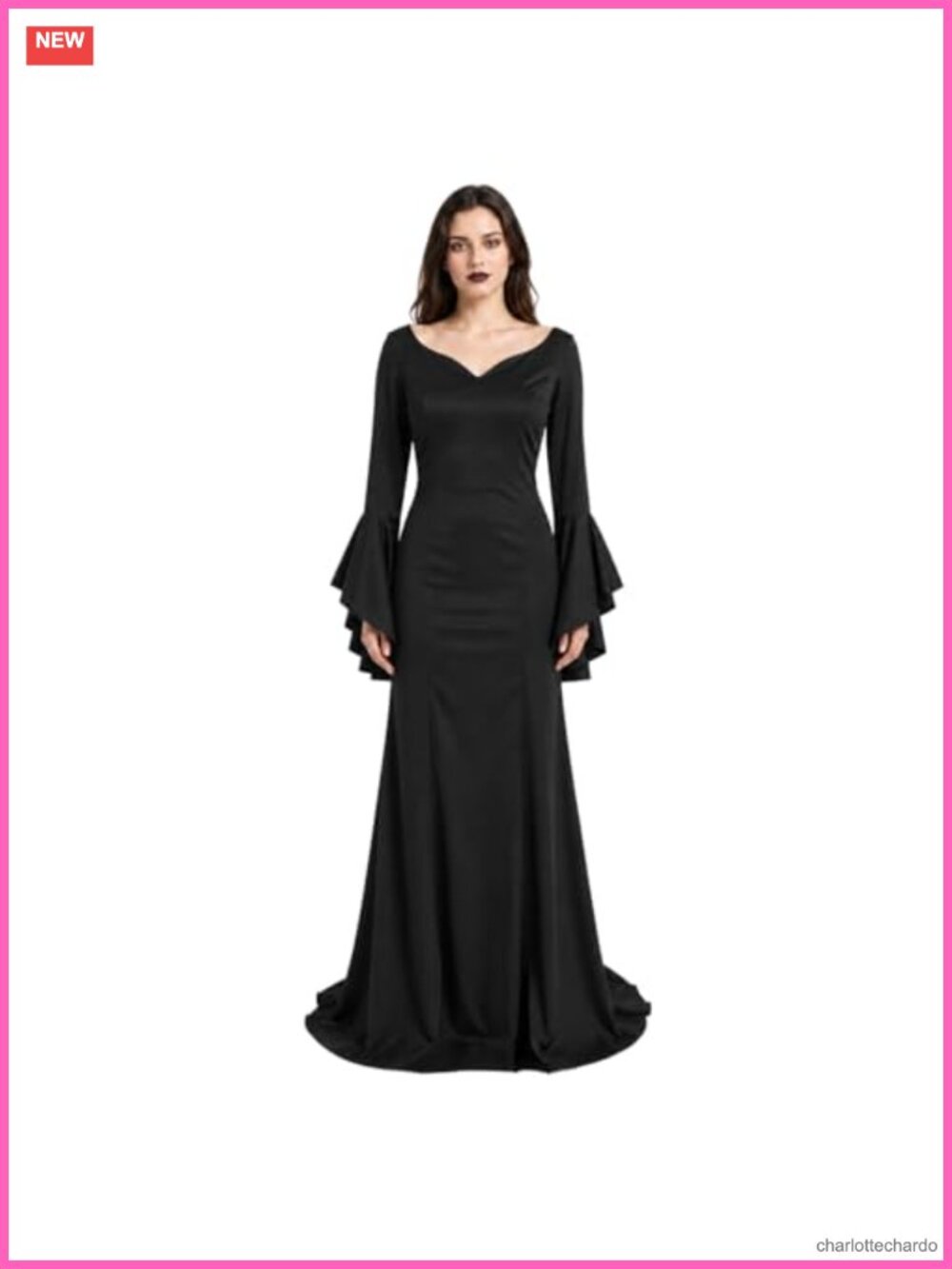 Gothic Maxi Dress V-Neck Flared Sleeves Halloween Costume Black
